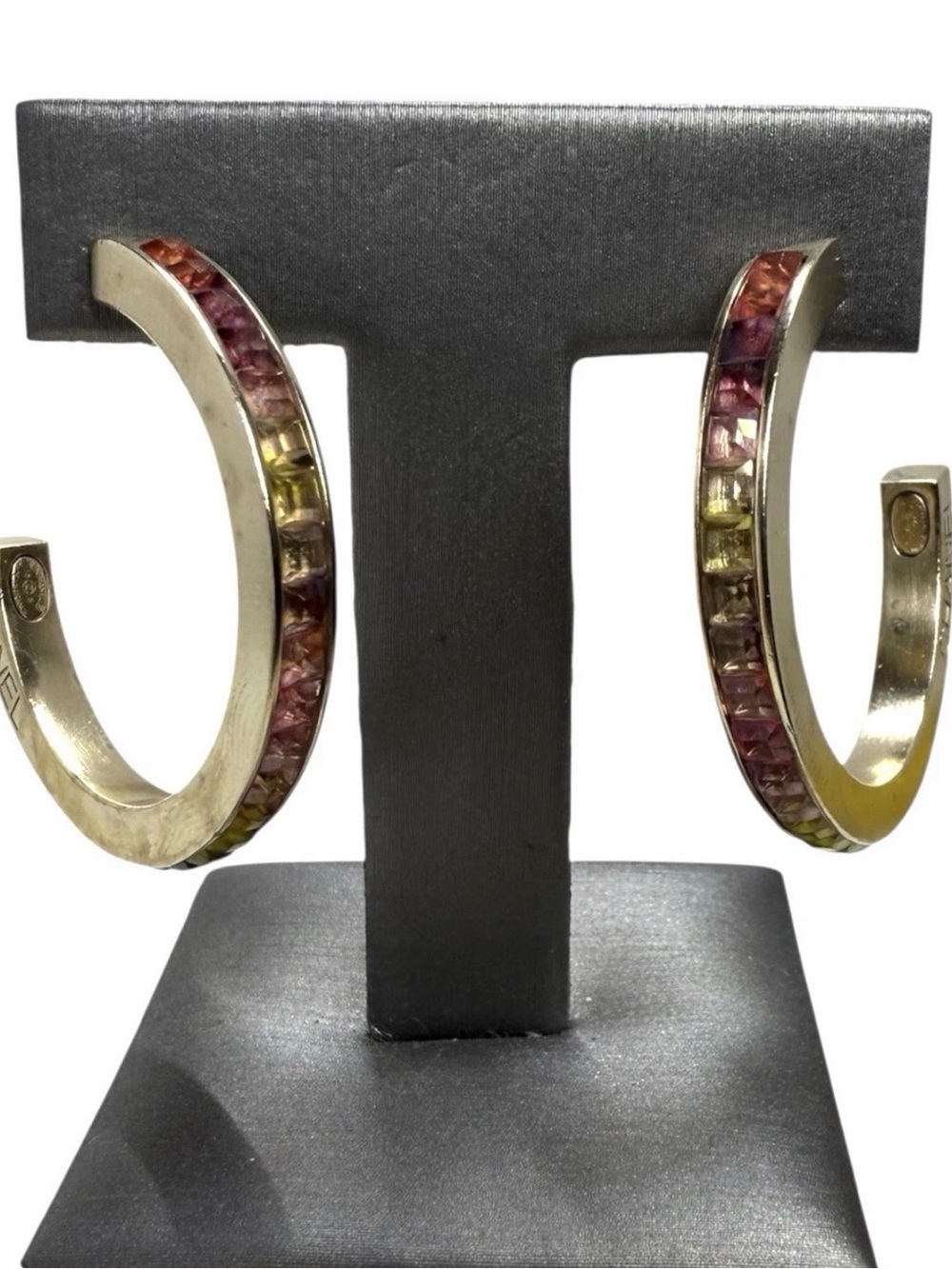 CHANEL Rainbow stone channel set champagne gold tone fashion hoop earrings